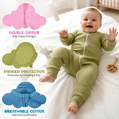 NurtureNauts® Crawling Baby Romper with Built-in Knee & Elbow Pads - 100% Cotton, 2-Way Zipper, Tagless for Active Babies (Pastel Blue, 18-24 Months)