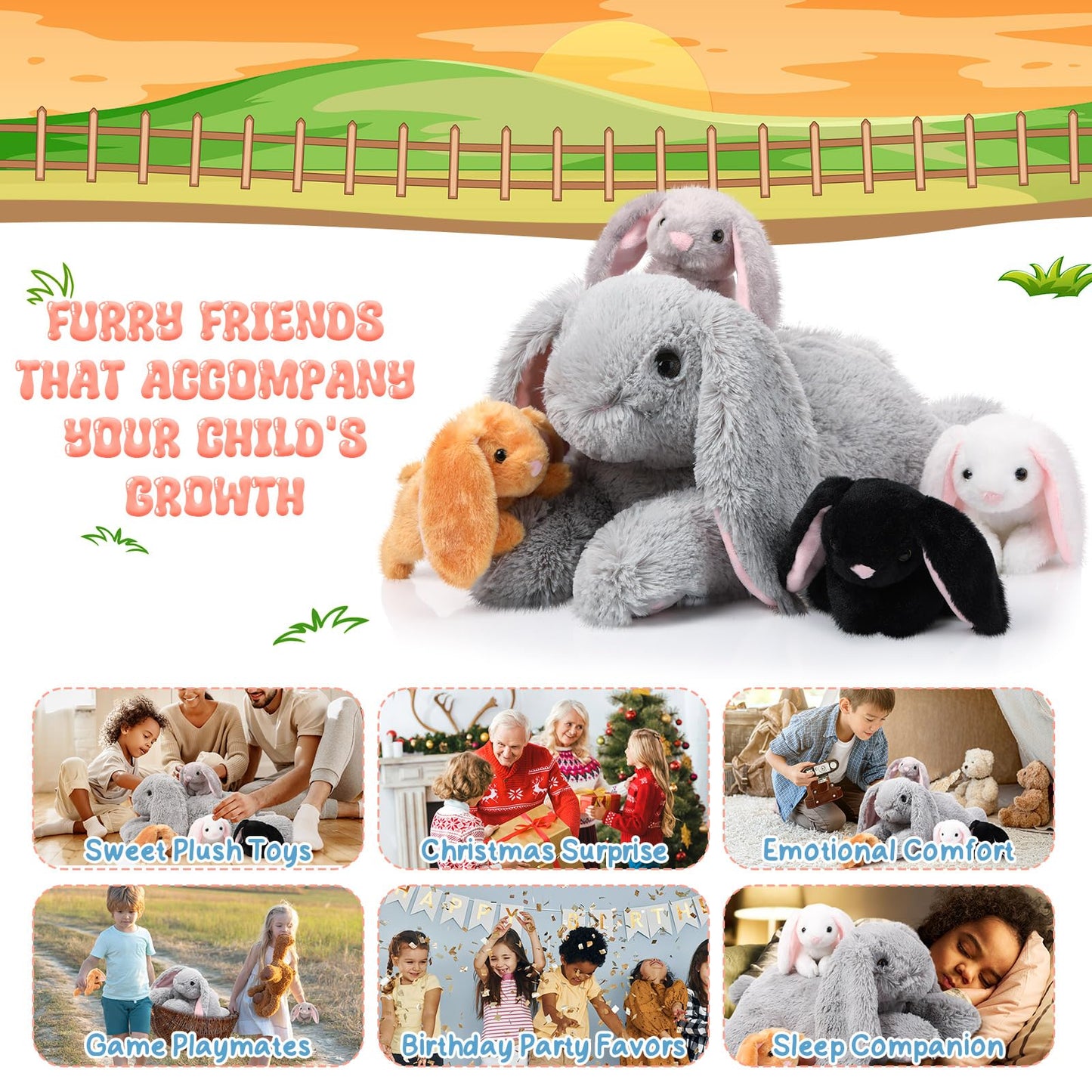 Sratte 5 Pcs Bunny Stuffed Animal Set Large Mommy Bunny Plush with 4 Cute Stuffed Baby Rabbit in Her Belly Soft Cuddly Rabbit Plush Gift for Birthday Baby Shower Party Favor(Gray,Lying Style)