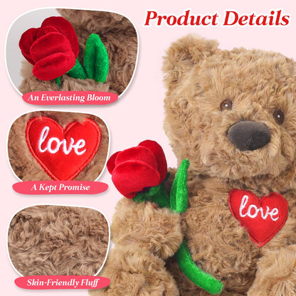 Cuckool Teddy Bear Stuffed Animal with Rose and Love Heart, Microwavable & Weighted Stuffed Animal Plush Gift Valentines Day Christmas Mother's Day for Her Women Girlfriend Wife 15"