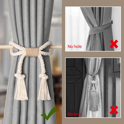 NICEEC 2 Pack Natural Cotton Rope Curtain Tiebacks Boho Rustic Style Decorative Drape Tie Backs Farmhouse Hand-Woven Rope Curtain Holdbacks with Wood Club for Home & Office Drapery (Cotton knot-Beige)