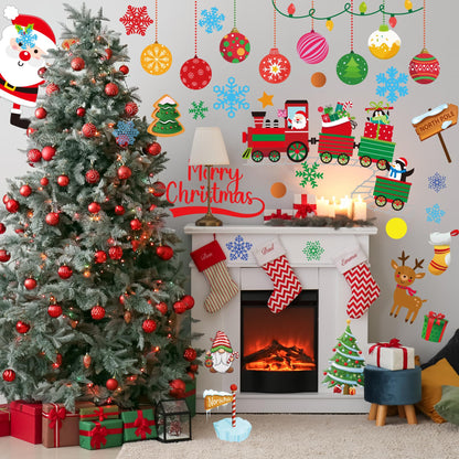 Christmas Wall Decals Stickers 142PCS Removable Merry Christmas Wall Decorations Xmas Bathroom Fireplace Decor Santa Claus Snowman Reindeer Door Decal Indoor
