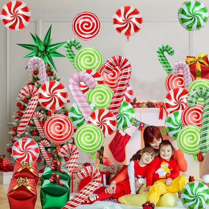 24 Pcs Christmas Balloons, Candy Cane Swirl Gift Box Balloons, Foil Red Green Pink Balloons Kit for Christmas Party Birthday Candy Themed Party Decorations