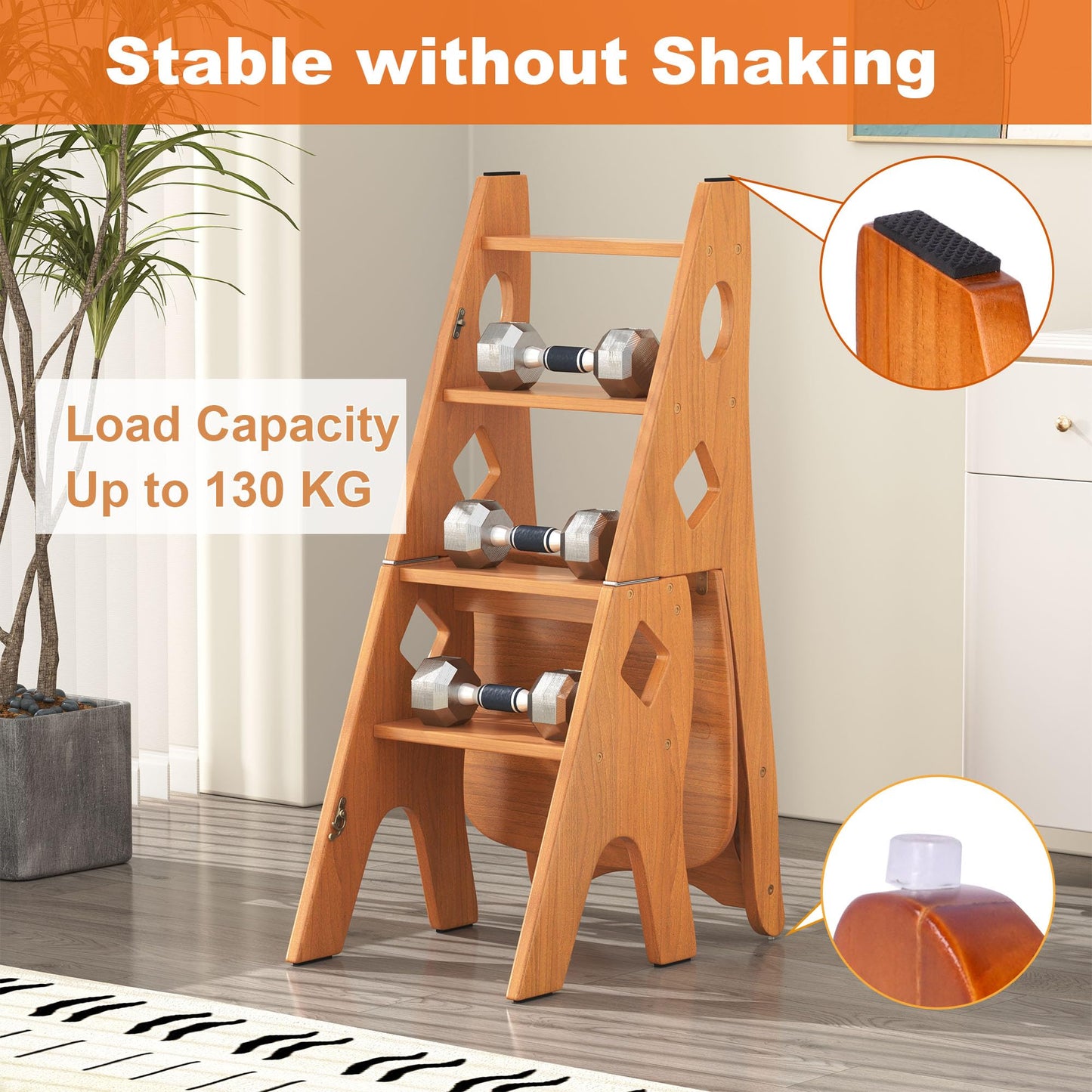 ybaymy Folding Library Ladder Chair, 4 Tier Portable Step Stool Chair, Lightweight 3-in-1 Stepladders Display Stand, Library Steps Bookshelf Plant Stand for Storage and Decoration