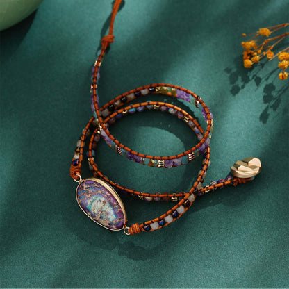 Plumiss Boho Handmade Blue Purple Imperial Jasper Stone Crystal Hematite Mixed Bead 3 Wraps Bracelets