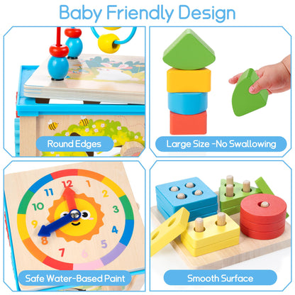 WOODMAM Wooden 7-in-1 Activity Cube, Montessori Toys for 1 Year Old Toddlers, Baby Educational Developmental Toys, One Year Old Boys Girls First Birthday Gifts with Bonus Sorting & Stacking Board