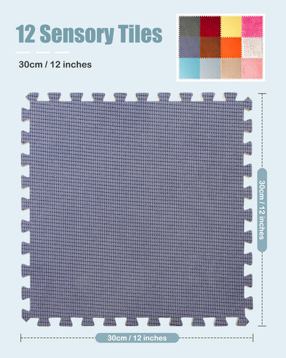 MOTGOM 12 Set Sensory Floor Tiles - Textured Sensory Mats, Interlocking Sensory Rug Sensory Toys for Autistic Children Kids Baby Toddler Multi Sensory Exploration, Tactile Play, Fidgeting Activity