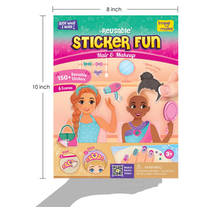 Imagimake Reusable Sticker Fun – Hair & Makeup Kit |Reusable Glam Stickers for Kids | 6 Styling Scene Boards | Pretend Play | Kids Games 3-5 | Toddler Girl Toys | 3,4,5,6,7 Year Old Girl Birthday Gift