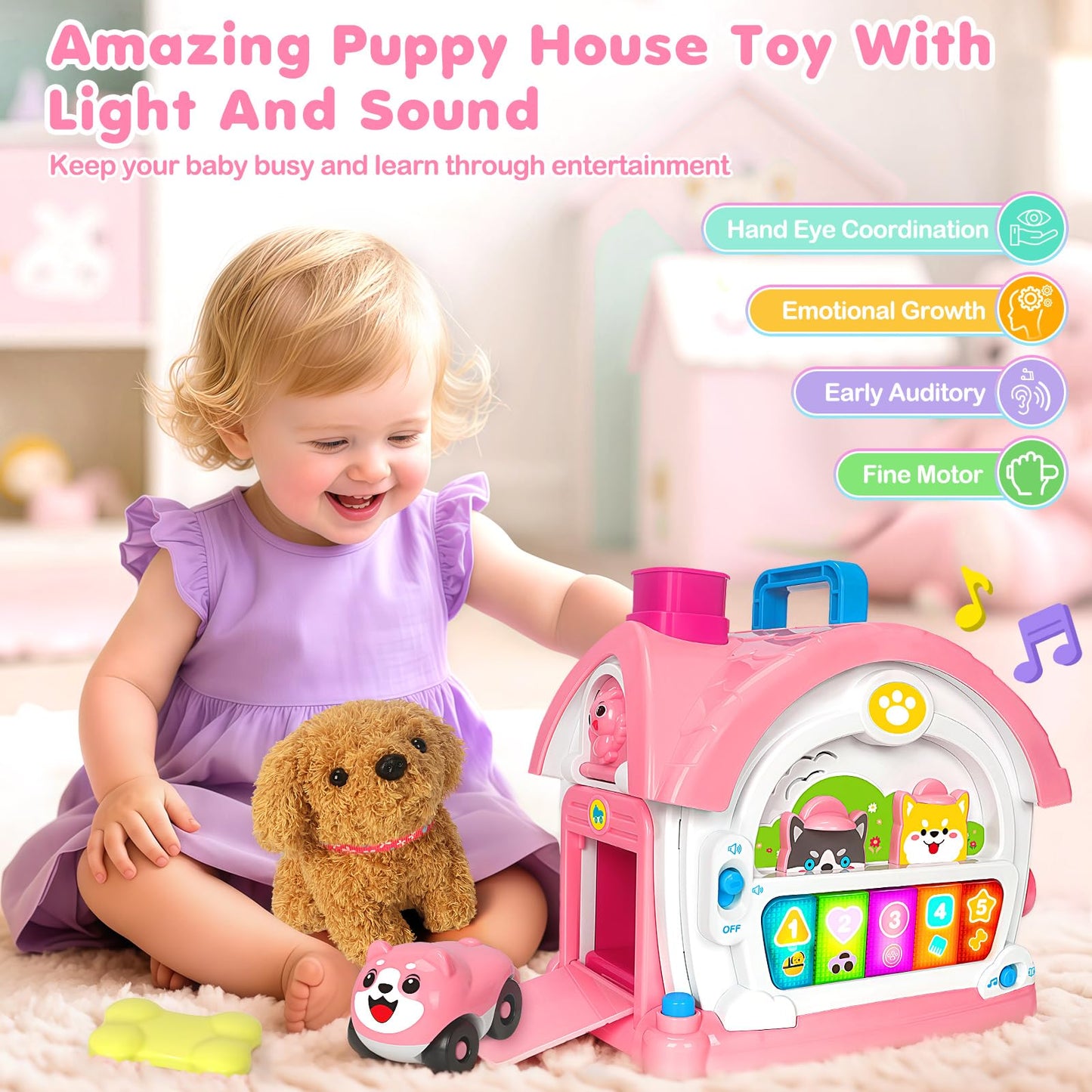 Ellinjan Montessori Toys for 1 2 3 Year Old Girl Gifts, Baby Musical Toys 12 18+ Months, 10 in 1 Bilingual Learning Toy with Sound Light, Cute Toy with Plush Puppy, First Birthday for Toddlers