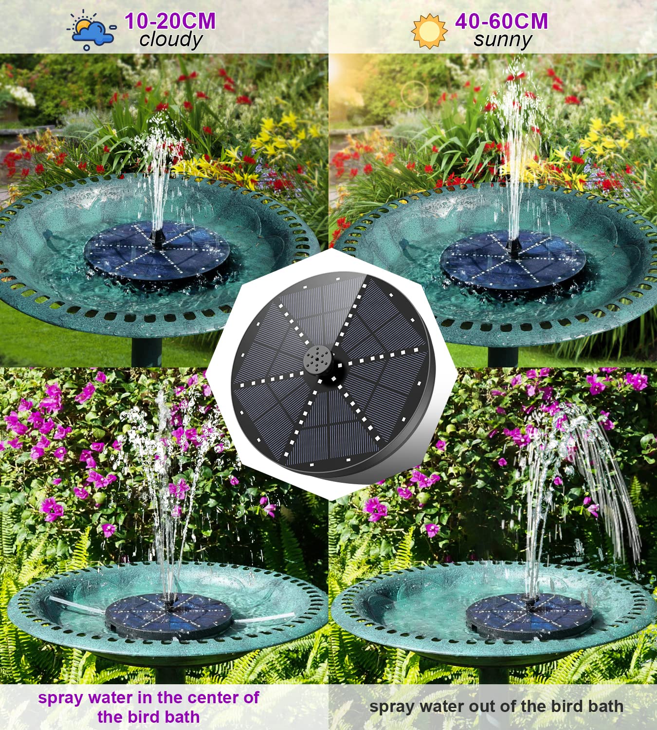 SZMP Solar Fountain 4W Bird Bath Fountains Upgraded 60 LED Lights, Built-in 4000 mAh Battery with 7 Nozzles & 4 Fixers, Solar Water Fountain for Garden, Bird Bath, Pool, Pond, Outdoor