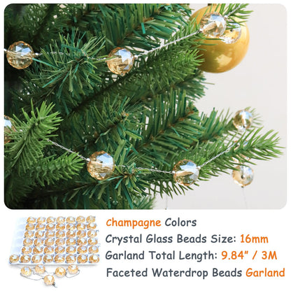LEFERS 9.8Ft Crystal Glass Balls Christmas Garland,48 Beads 16mm Faceted Prism Beads Strands Hanging Ornament Decoration for Christmas Tree Centerpieces Wedding Party (Gold)