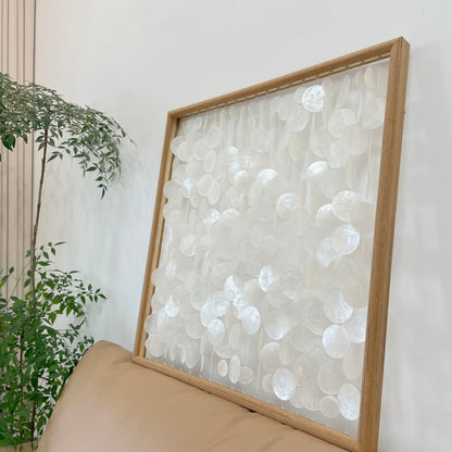 Bergamot 3D Handmade 24"x24" Capiz Shell Wall Hanging Decor, Solid Wooden Framed Coastal Wall Decor, Minimalist White Sea Shell Art for Living Room, Bedroom, Office