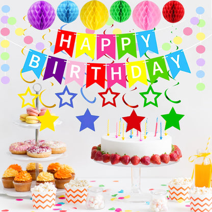 XXFBJNMD Colorful Birthday Banner with Honeycomb Balls, Stars, Swirl Streamers, Circle Dots Garland for Birthday Party