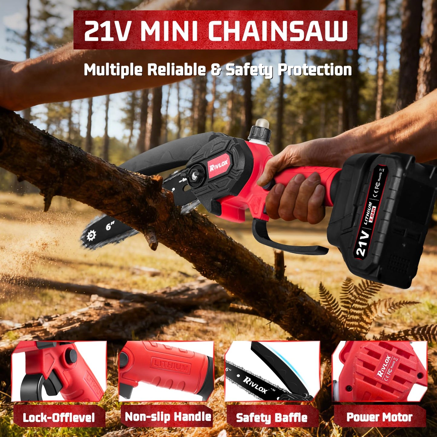 Rivlox Mini Chainsaw,6 & 4 inch Electric Chainsaws Cordless Battery Powered, One-Hand Portable Handheld Saw for Trees Trimming Wood Cutting,Chain Saw Gift for Men Dad Husband Women (Red-2 Battery)