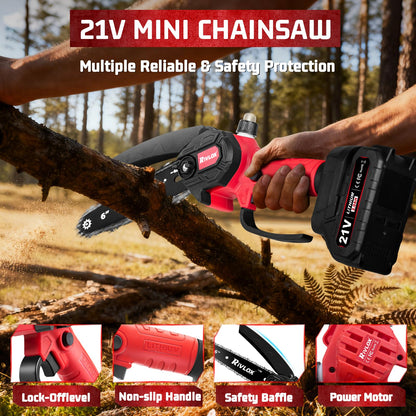 Rivlox Mini Chainsaw,6 & 4 inch Electric Chainsaws Cordless Battery Powered, One-Hand Portable Handheld Saw for Trees Trimming Wood Cutting,Chain Saw Gift for Men Dad Husband Women (Red-2 Battery)
