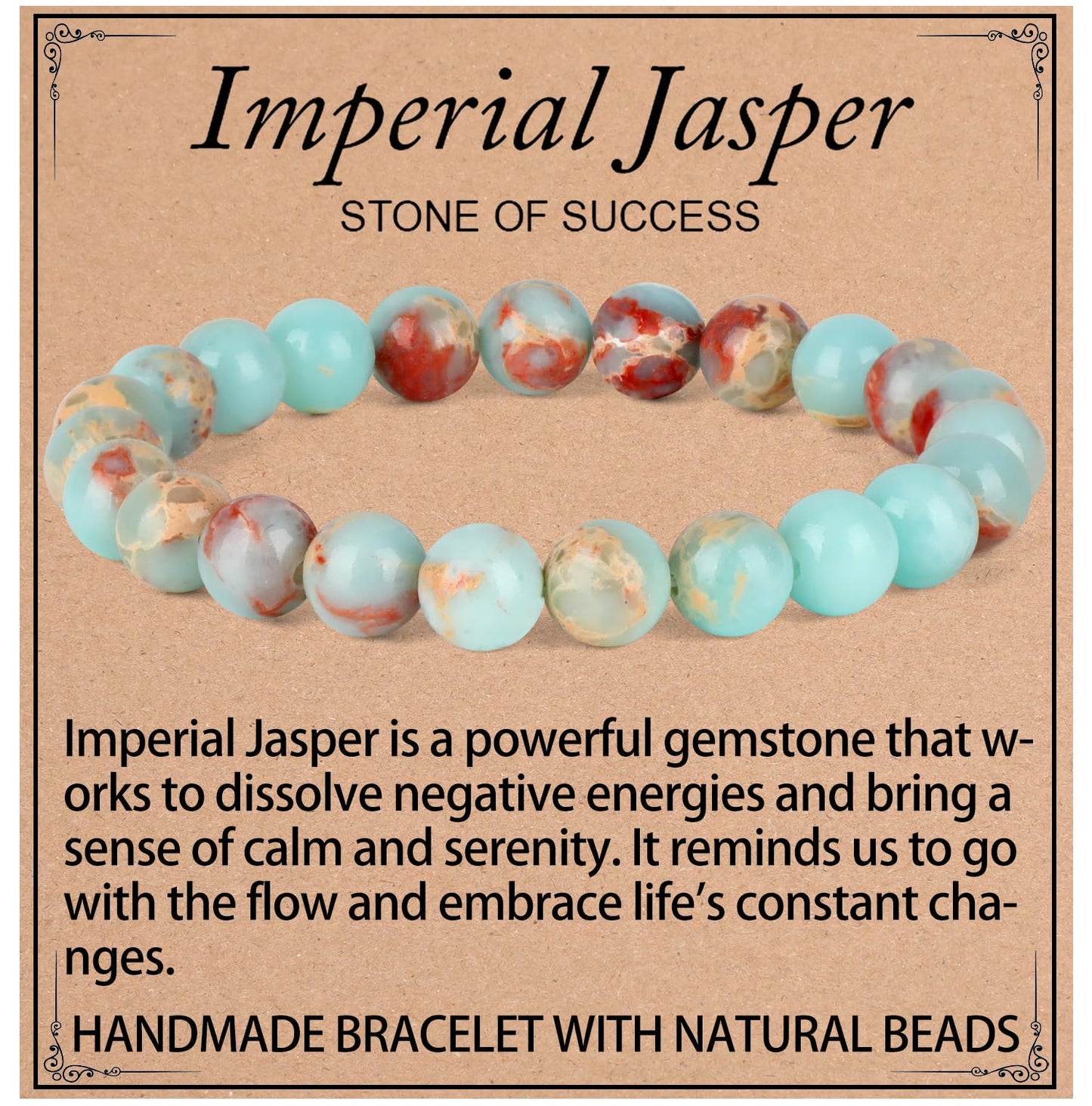 QOGIR Imperial Jasper Bracelet - Stone of Success Bracelet for Men Women - Handmade Natural Gem Stone Beaded Stretch Elastic Healing Bracelets 8mm