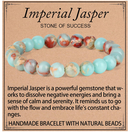 QOGIR Imperial Jasper Bracelet - Stone of Success Bracelet for Men Women - Handmade Natural Gem Stone Beaded Stretch Elastic Healing Bracelets 8mm