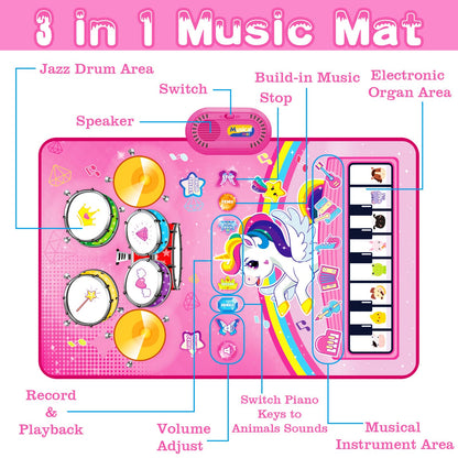 Toys for 1 Year Old Girl Gifts: Baby Music Mat Toddler Toys Age 1-2 - 3 in 1 Piano Drum Animal Touch Unicorn Toy - Infant Musical Toy 12-18 Months Babies Birthday Easter Gifts for 1 2 3 Year Old Girls