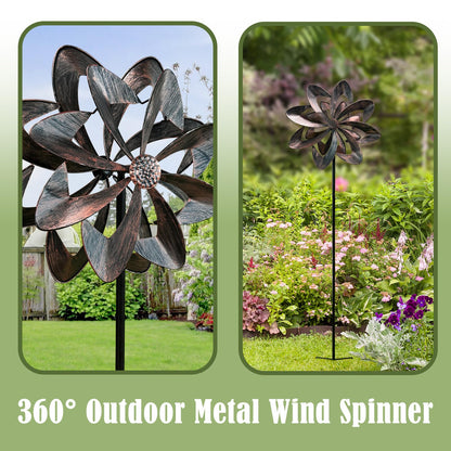 THESEATOP 74’’ Wind Spinner Outdoor for Yard and Garden, Double-Sided Large Metal Kinetic Wind Spinner with Classical Design, Stable 3-Prong Stake, Yard Art Decor for Patio Lawn (Bronze)