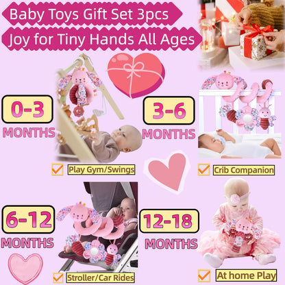 chochumy Baby Spiral Car Seat Toys for Babies 0-6 Months Girl, Stroller Hanging Stuffed Animal Carseat Crinkle Rabbit Toy 0-3-4-5-7-8-9-12 Month, Newborn Infant Gifts Easter Basket Stuffers Bunny 3PCS