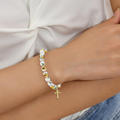 VIBILIA Cross Bracelets for Women, Cross Charm Vintage Jewelry, Sunflower Beaded Bracelet, Gold Handmade Stretch Jesus Baptism Christian Birthday Gifts for Women on Easter Mother's Day, Sunflower