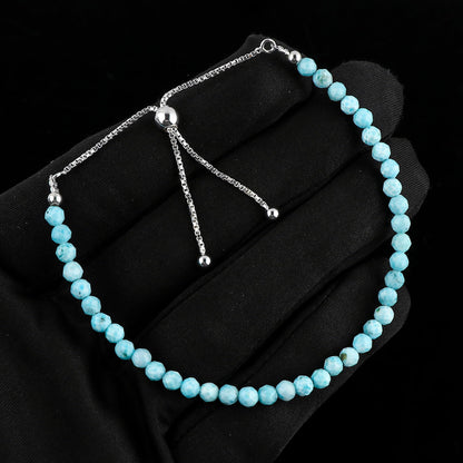 CRYSTALIS 4mm+ Natural Larimar Pectolite Beads Slider Bolo Bracelet, Beaded Crystals, Chakra Healing Stones, Delightful Womens Gemstone Jewelry, 925 Sterling Silver 10 inch