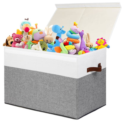 Gowee Large Toy Storage Box with Lid, Sturdy Toys Storage Chest Bin Organizer Basket with Dividers for Kids, Boys, Girls, Nursery, Closet, Bedroom, Playroom 25"x13" x16" (Grey and White)