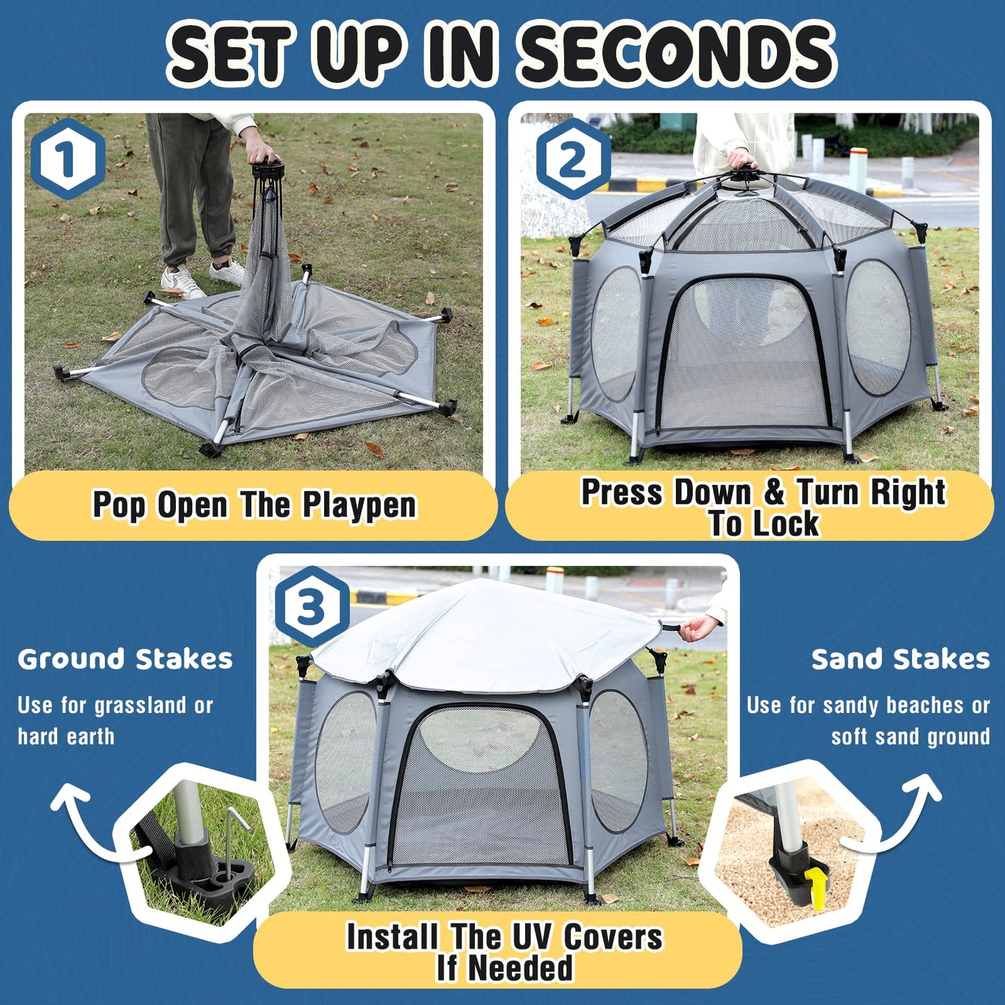 PRObebi Portable Pop Up Playpen for Babies and Toddlers - Grey Lightweight Outdoor Play Yard with Three Sun-Shade - Beach and Indoor Use with Travel Bag