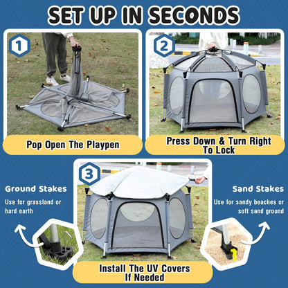 PRObebi Portable Pop Up Playpen for Babies and Toddlers - Grey Lightweight Outdoor Play Yard with Three Sun-Shade - Beach and Indoor Use with Travel Bag