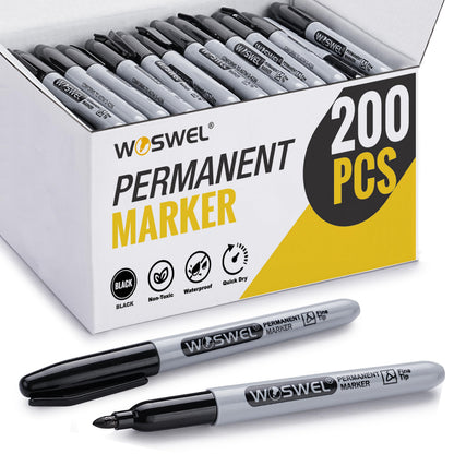 WOSWEL Permanent Markers Bulk, 200 Pack, Black Permanent Marker Pens, Fine Tip, Waterproof, Quick Drying, Smooth Writing, Used on Glass Metal Stone Paper Most Surfaces, Office School Supplies