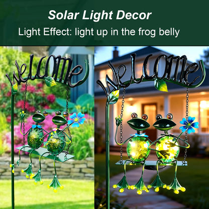 HONGLAND Solar Lights Outdoor Waterproof, Frog Swing Garden Decor, Frog Decorative Stake with Welcome Sign Landscape Patio Yard Gifts for Women Mom (48 inch)