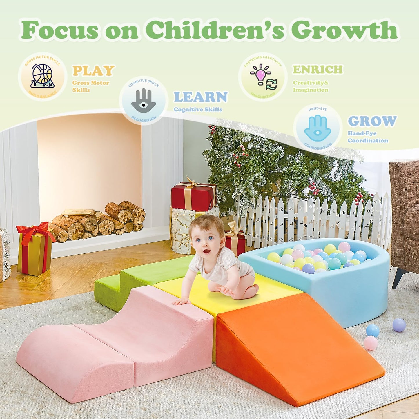 5-Piece Climbing Toys for Toddlers 1-3 , Baby Foam Blocks,Toddler Climbing Toys Indoor with Foam Ball Pit (Balls not Included), Soft Foam Climbing Blocks Set Indoor Play Gym for Crawling and Sliding
