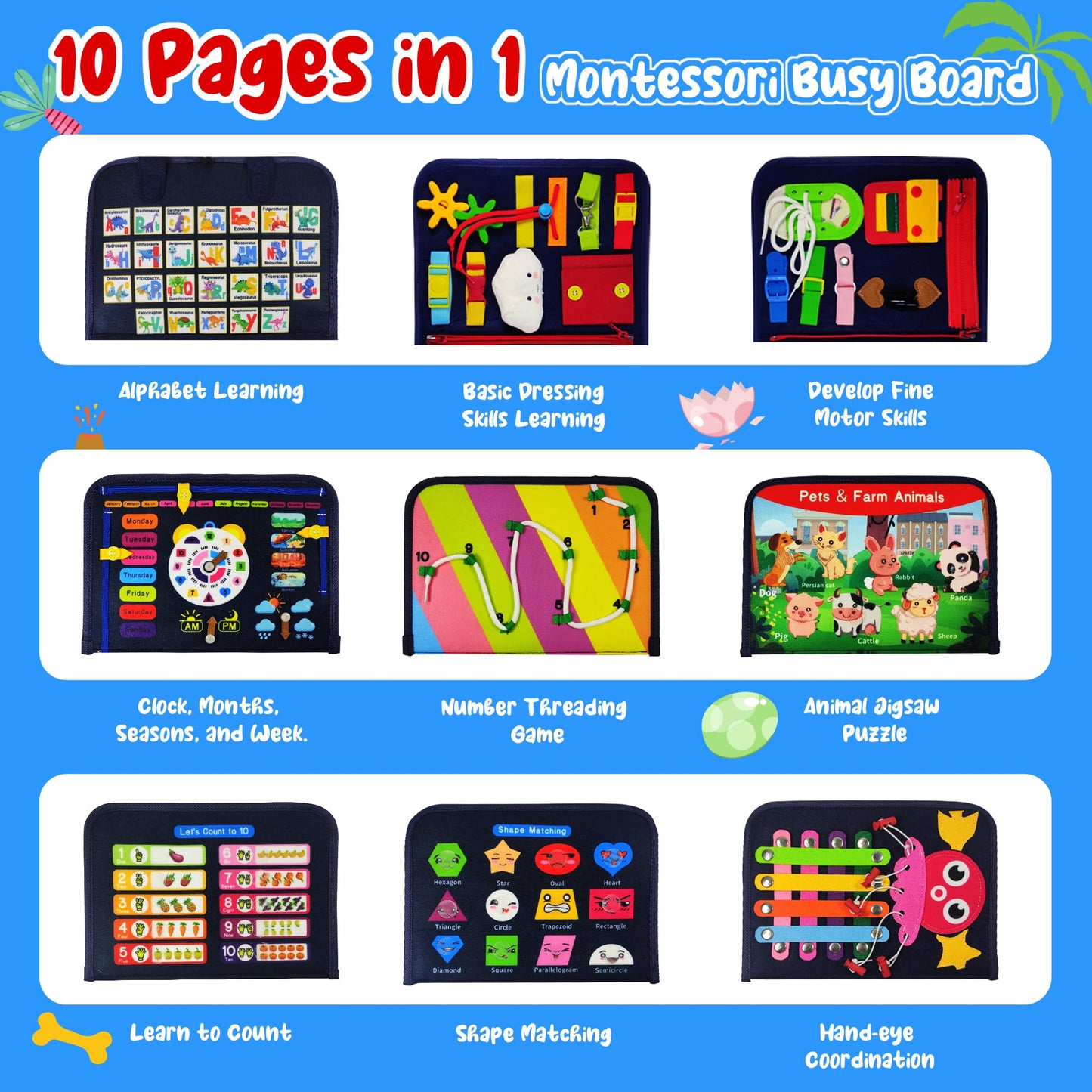 TenFans Busy Board - Montessori Toys for 3+ Year Old - Sensory Toys for Toddlers 3-5 - Gifts for Boys Learning Fine Motor Skills - Educational Activities Travel Toys for Car Airplane