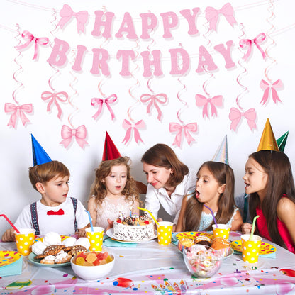 Bow Birthday Party Decorations, Cute Pink Bow Birthday Banner Bows Party Hanging Swirls Set for Women Girls Bows Party Decorations, Baby Shower Party Decor Supplies