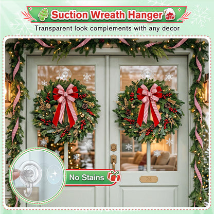 VIS'V Wreath Hanger, Large Suction Cup Wreath Hooks, Heavy Duty, 22 LB Capacity, Removable and Reusable, Clear, 2 Pcs