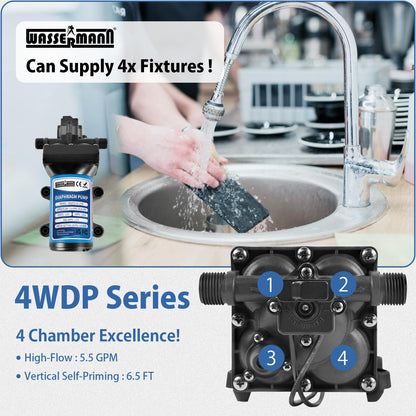 WASSERMANN 115V AC Diaphragm Pump, 5.5 GPM 65 PSI 1/2" NPSM Connection, 4-Chamber Self-Priming Fresh Water Pressure Pump with Pressure Switch for Garden Kitchen Bathroom Marine Camper RV