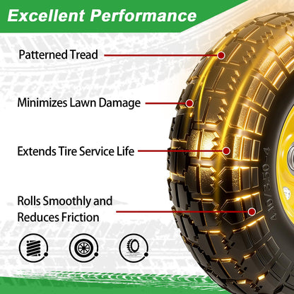 LTNICER 10" Solid Rubber Tires and Yellow Wheels 4.10/3.50-4 (10 x 3.5) Flat Free Tire with 5/8" Bearings,Heavy-Duty Replacement Tire For Gorilla Carts,Wagon,Wheelbarrow,Garden cart(2 Pack)