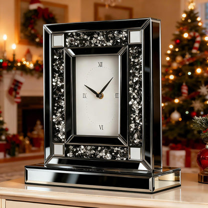 SHYFOY Luxury Crystal-Embedded Mirrored Table Clock, Elegant Decorative Clock with Roman Numerals for Home & Office, Silver Glam Desk Clock Home Decor