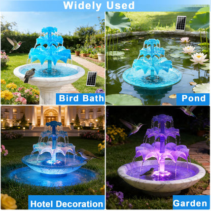 Yeomi 3-Tier Solar Fountain Pump with LED Lights, 24H Outdoor Water Feature, Detachable Design, Multi-Function Bird Bath Water Fountain for Garden Patio Yard Backyard Pond, 3.5W