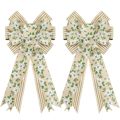 Whaline 2 Pack Spring Flower Wreath Bow Magnolia Floral Rustic Burlap Wired Edge Bow 11 x 21 Inch Large Spring Summer Farmhouse Wreath Bows Decor for Indoor Outdoor Wall Home Party Decoration