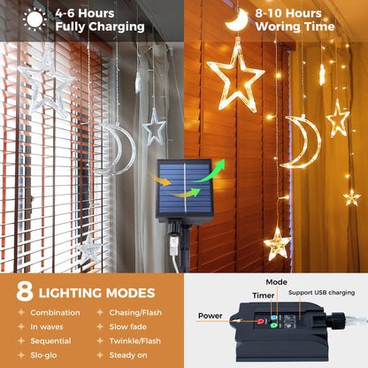 Qunlight Ramadan Solar Icicle Lights,10.8ft 138 LED Outdoor Waterproof Moons Stars Curtain Window String with 8 Modes Timer Remote,USB Rechargeable Connectable Warm White Hanging Decor for Patio