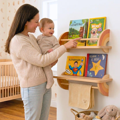 KitzeyBee Nursery Book Shelves Set of 2 - Solid Beech Wood Rainbow Floating Bookshelf for Kids Wall, Wall Mounted Toddler Bookshelf with Hanging Bar for Baby Room Decor, Holds 25 lbs (Pastel, 19.7in)