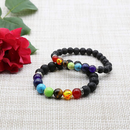 HEDQFM 2pcs 10mm 8mm Lava Rock 7 Chakra Bracelet Aromatherapy Essential Oil Diffuser Bracelets Couples Yoga Beads Bracelet Lava Stone Stretch Bracelet for Men Women