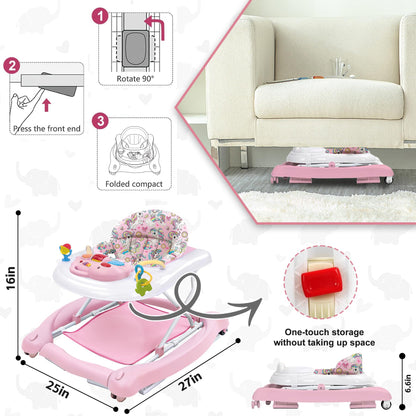 Foldable Baby 5-in-1 Activity Walker - Rocker, Activity Center, Bouncer, Seat Walker, Push Walker - Adjustable Speed Rear Wheels and Height Toys Ages 6-18 Months(Pink)