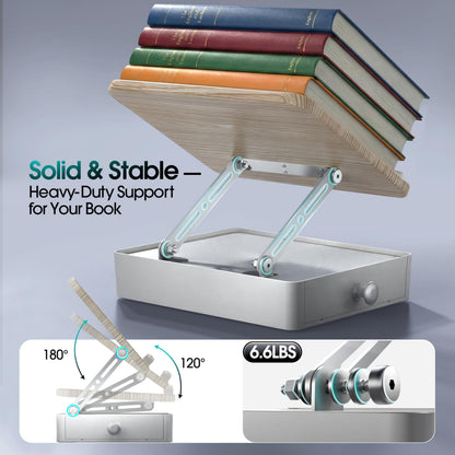 Book Stand with Storage Drawer, Adjustable Wooden Reading Stand for Desk, Ergonomic Height & Angle Book Holder for Textbooks, Cookbooks, Documents (White Ash Finish, 9.8" x 13.8" Large Panel)