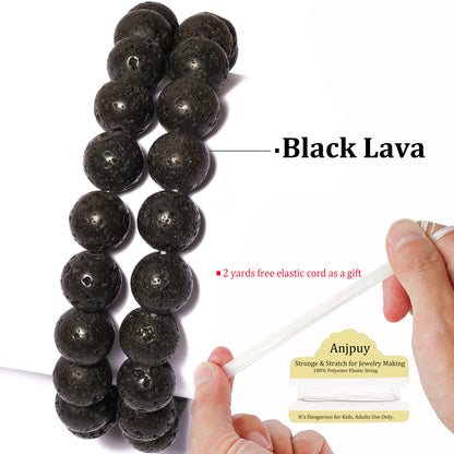 10mm Black Lava Round Bead - 35PCS Bulk Gemstone Beads for Jewelry Making, DIY Bracelets, Necklaces - Includes Crystal Stretch Cord - Stone Beads for Crafting Gifts