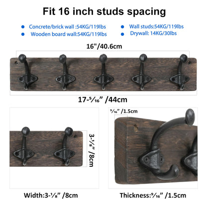 WEBI Rustic Coat Rack Wall Mount,5 Cast Iron Coat Hooks Wall Mounted,Heavy Duty Farmhouse Wood Coat Hanger Wall Antique Vintage Hooks for Hanging Jacket,Clothes,Backpack,Weathered Brown