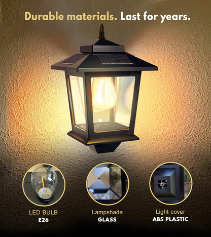 PASAMIC 2 Pack Solar Wall Lanterns with Replaceable Bulb,Outdoor Hanging Lights with 4 Solar Panels,Dusk to Dawn Led Outdoor Wall Sconce, Anti-Rust Waterproof Lanterns with Hooks,3000K Warm White
