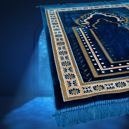 TB Muslim Prayer Rug Islamic, Soft Velvet Mat Ramadan Gift, with Prayer Bead Unique Decoration Gilded Gold-Like Embroidered for Women Man Kids Meditation Turkish African (Blue)