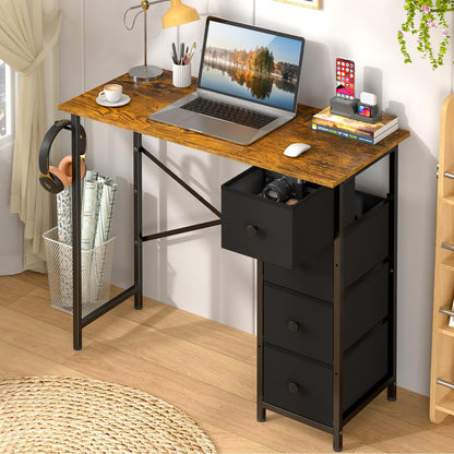 Small Computer Desk with 4 Fabric Drawers, 36 Inch Reversible Writing Desk for Home Office Bedroom, Modern Simple Kids Student Study Desk with Storage, Compact Desk for Small Spaces, Rustic Brown