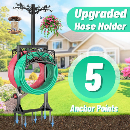 ODSNANIE Garden Hose Holder for Outside,Water Hose Holders with 2 Bird Statue Shepherds Hooks & 5 Spikes,Double-Sided Freestanding Hose Stand Heavy Duty Hose Storage Rack for Outdoor Yard Lawn Farm